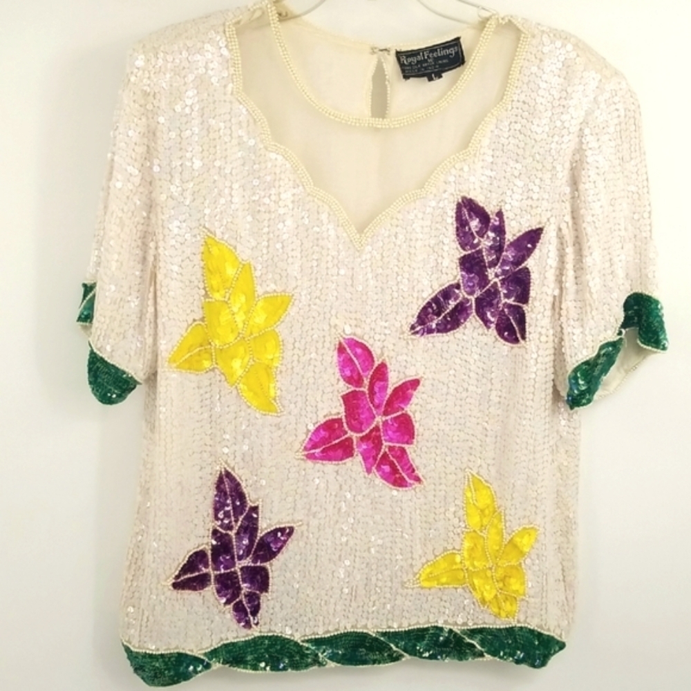 Royal Feelings Silk Sequined Pearl Top Short Sleeve Floral Vibrant Colors‎ Sz:L
